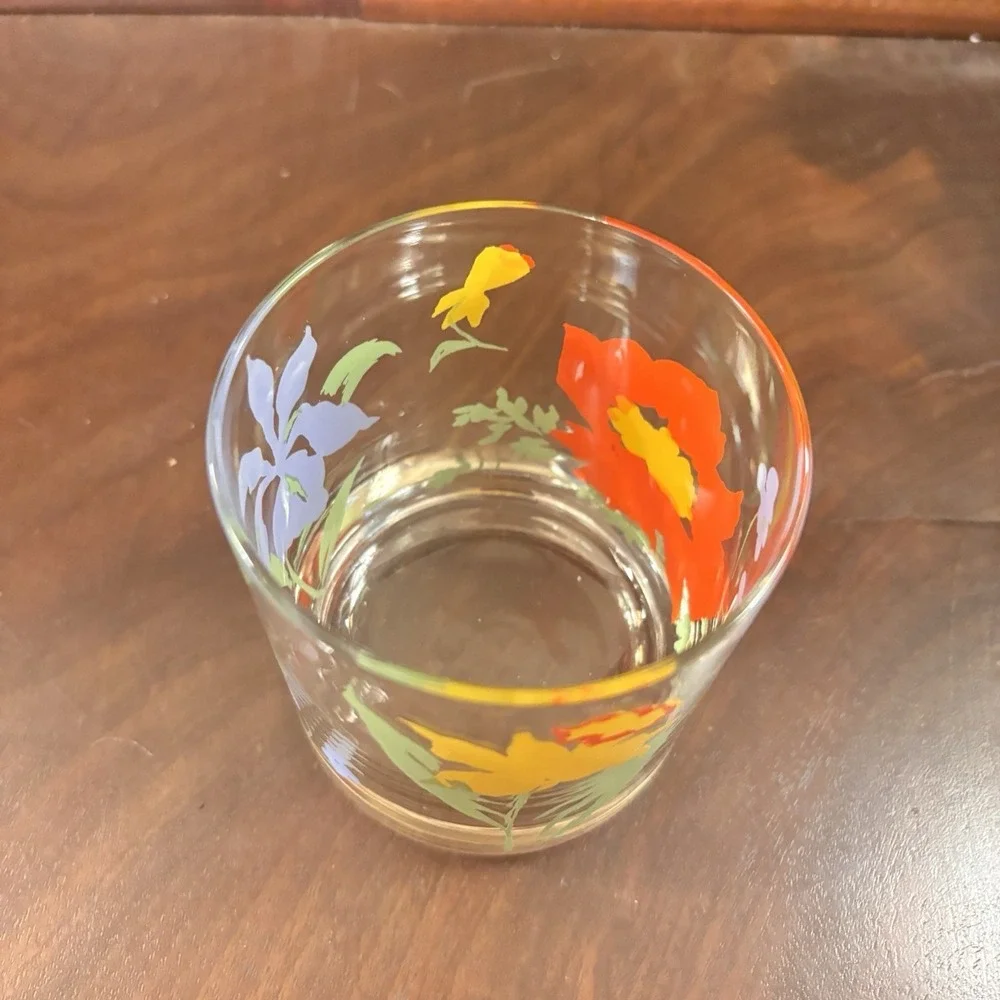 Set of 2 Retro‎ Floral Lowball Tumblers Daffodil Iris Poppy Cocktail Glasses VTG